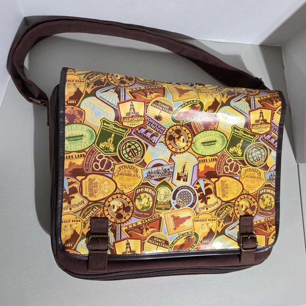 Disney Pin Trading Messenger Bag Unisex Large Brown Parks Attraction Decal Print